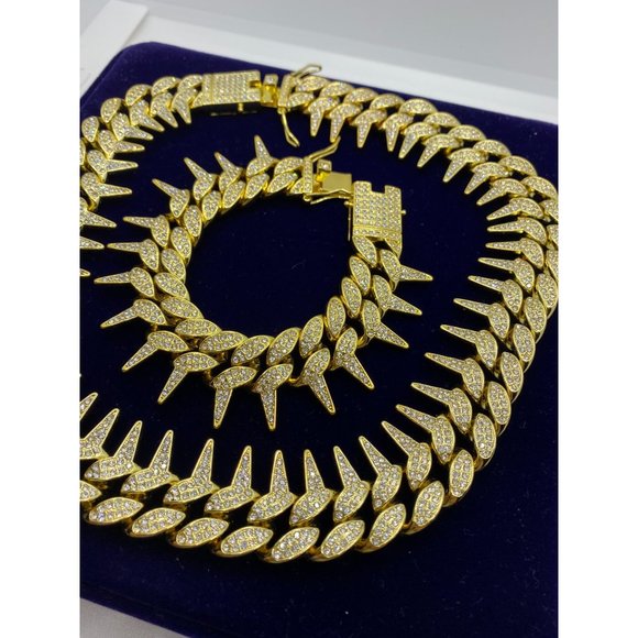 25mm Diamond Iced Out Two Row Spiked Chain Necklace-Bracelet Set - Picture 3 of 4